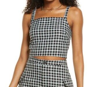 BP Nordstrom Size Small Mason Plaid Crop Top Smocked Back Black Blue Stretch
